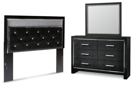 Kaydell Queen Upholstered Panel Headboard with Mirrored Dresser in Black - PKG014216