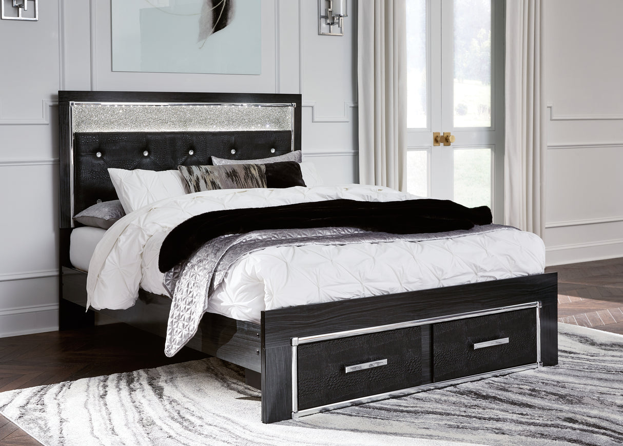 Kaydell Queen Upholstered Panel Storage Bed with Mirrored Dresser and 2 Nightstands in Black - PKG014241