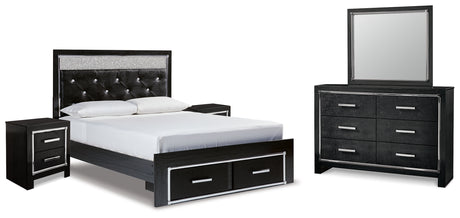 Kaydell Queen Upholstered Panel Storage Bed with Mirrored Dresser and 2 Nightstands in Black - PKG014241