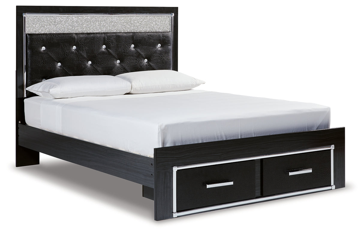 Kaydell Queen Upholstered Panel Storage Bed with Mirrored Dresser and 2 Nightstands in Black - PKG014241