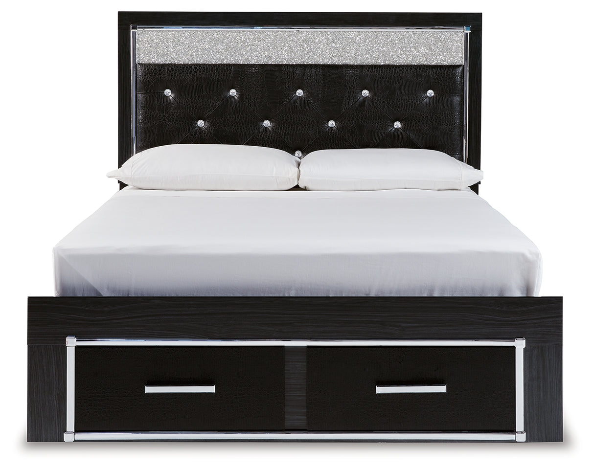 Kaydell Queen Upholstered Panel Storage Bed with Mirrored Dresser and 2 Nightstands in Black - PKG014241