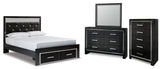 Kaydell Queen Upholstered Panel Storage Bed with Mirrored Dresser and Chest in Black - PKG014242