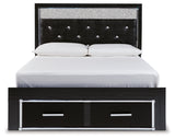 Kaydell Queen Upholstered Panel Storage Bed with Mirrored Dresser and Chest in Black - PKG014242