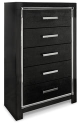 Kaydell Queen Upholstered Panel Storage Bed with Mirrored Dresser and Chest in Black - PKG014242