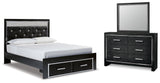 Kaydell Queen Upholstered Panel Storage Bed with Mirrored Dresser in Black - PKG014240