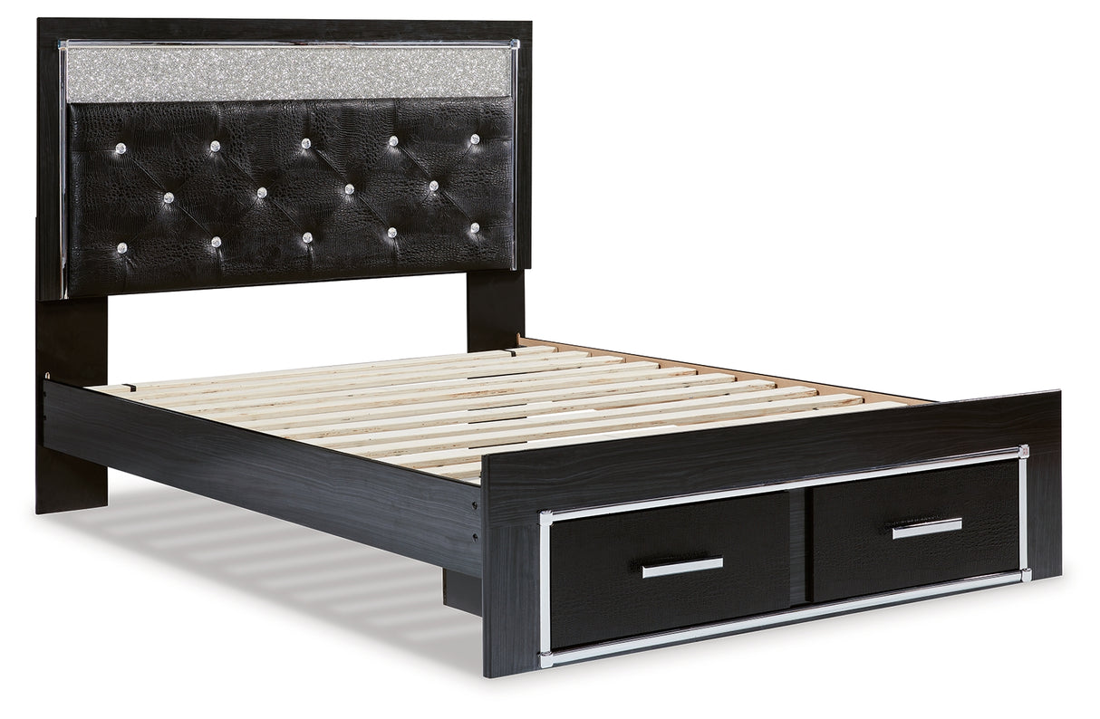 Kaydell Queen Upholstered Panel Storage Platform Bed with Mirrored Dresser and 2 Nightstands in Black from Ashley - Luna Furniture