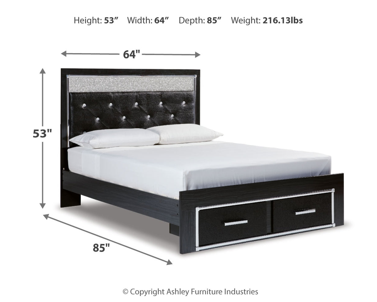 Kaydell Queen Upholstered Panel Storage Platform Bed with Mirrored Dresser and Chest in Black - PKG014248