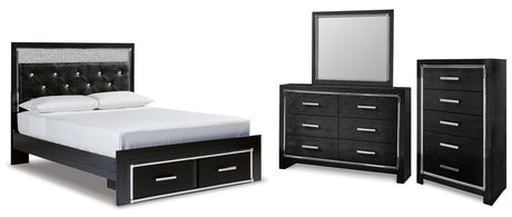 Kaydell Queen Upholstered Panel Storage Platform Bed with Mirrored Dresser and Chest in Black from Ashley - Luna Furniture