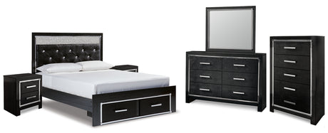 Kaydell Queen Upholstered Panel Storage Platform Bed with Mirrored Dresser, Chest and 2 Nightstands in Black from Ashley - Luna Furniture