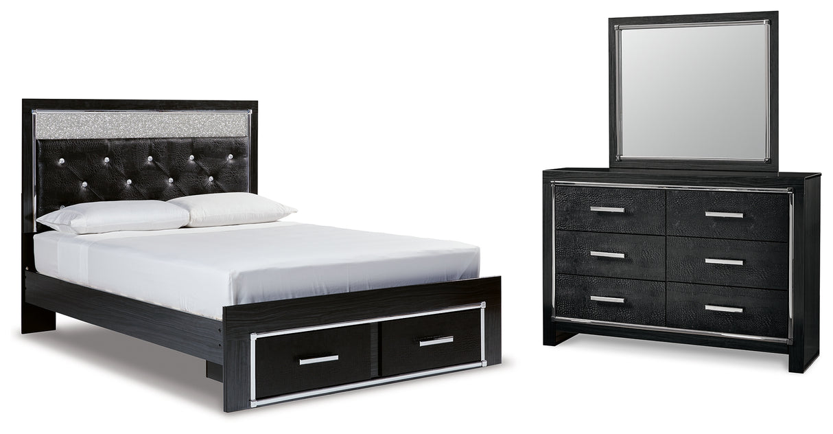 Kaydell Queen Upholstered Panel Storage Platform Bed with Mirrored Dresser in Black - PKG014246