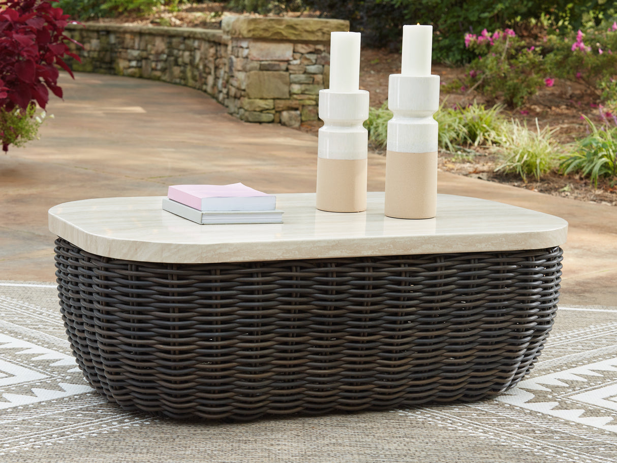 Kimora Beige/Dark Brown Outdoor Coffee Table from Ashley - Luna Furniture