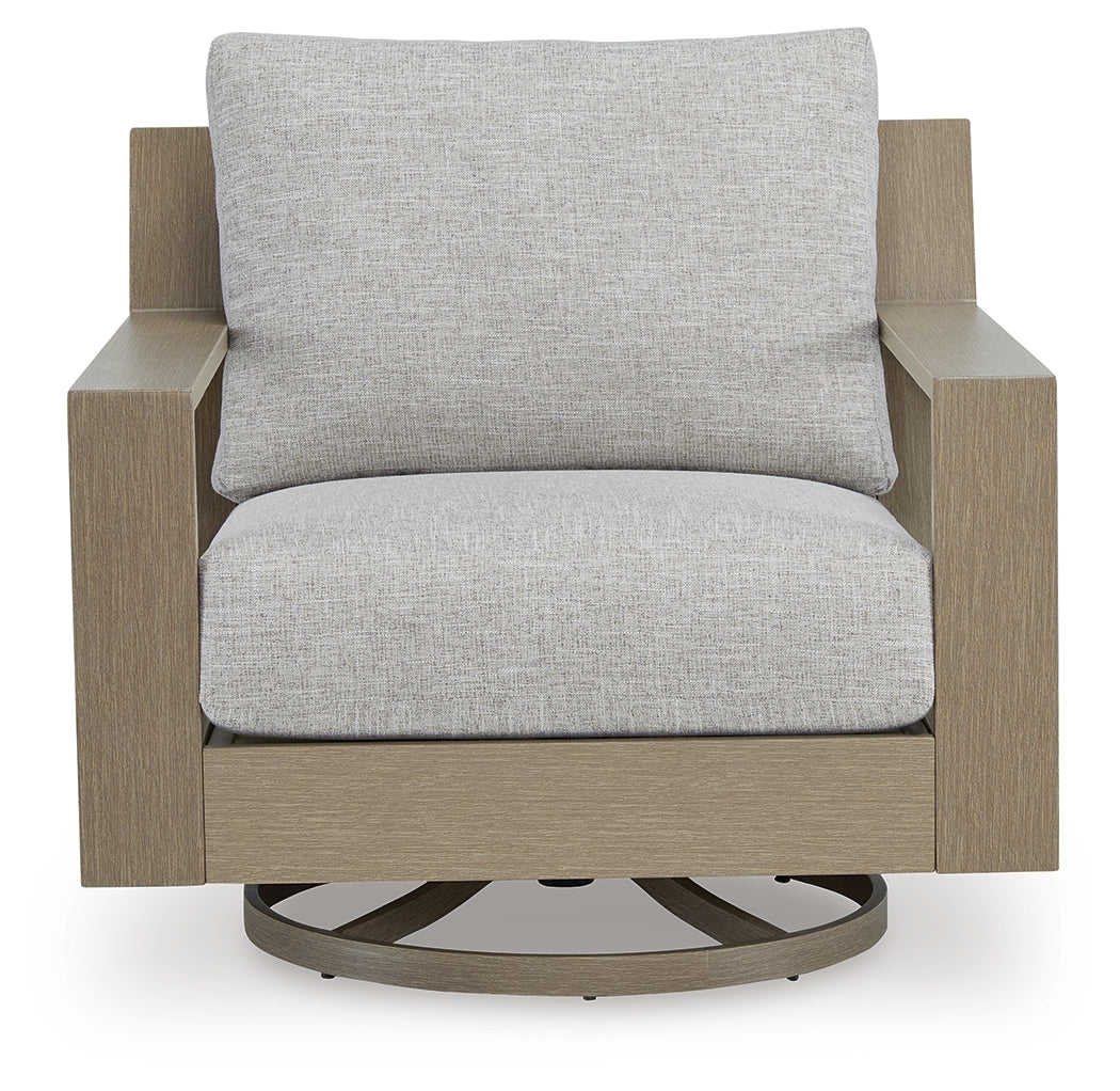 Kimpton Isle Brown/Beige Outdoor Swivel Lounge Chair with Cushion from Ashley - Luna Furniture