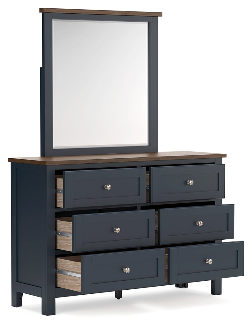 Landocken Full Panel Bed with Mirrored Dresser and 2 Nightstands in Brown/Blue - PKG020330