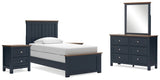 Landocken Twin Panel Bed with Mirrored Dresser and 2 Nightstands in Brown/Blue - PKG020321