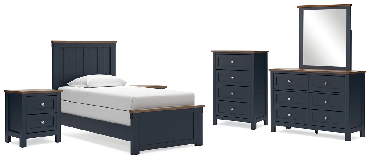 Landocken Twin Panel Bed with Mirrored Dresser, Chest and 2 Nightstands in Brown/Blue - PKG020322