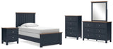 Landocken Twin Panel Bed with Mirrored Dresser, Chest and Nightstand in Brown/Blue - PKG020325