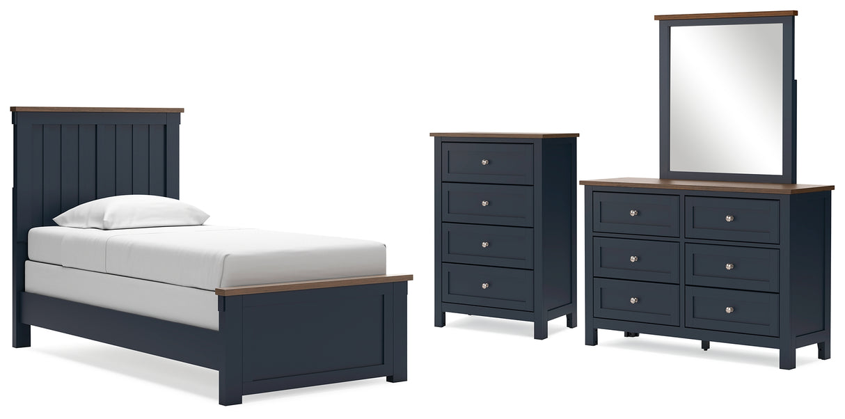 Landocken Twin Panel Bed with Storage with Mirrored Dresser and Chest in Brown/Blue - PKG020324