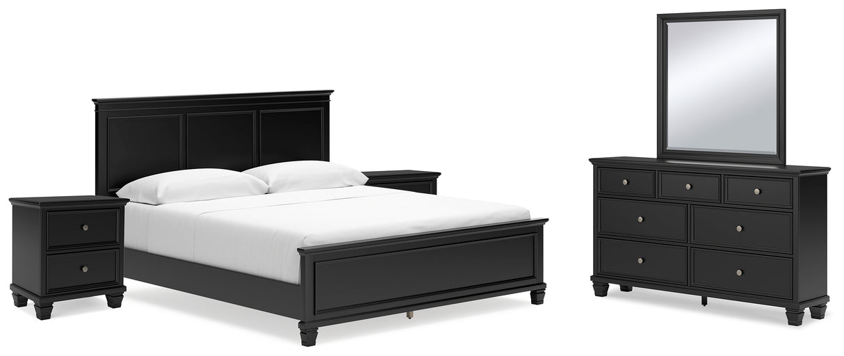 Lanolee California King Panel Bed with Mirrored Dresser and 2 Nightstands in Black - PKG015230