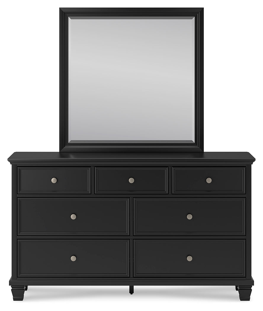 Lanolee California King Panel Bed with Mirrored Dresser and 2 Nightstands in Black - PKG015230