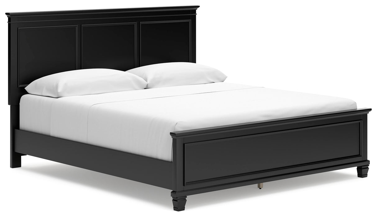 Lanolee California King Panel Bed with Mirrored Dresser and 2 Nightstands in Black - PKG015230