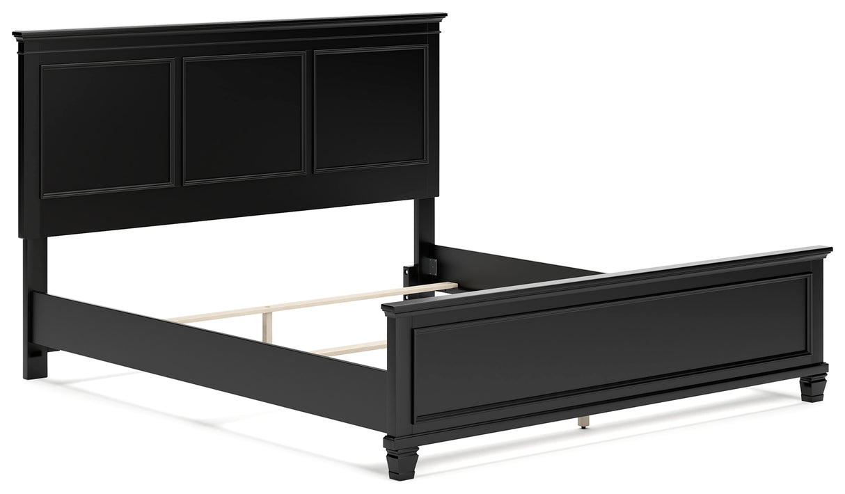 Lanolee California King Panel Bed with Mirrored Dresser and 2 Nightstands in Black - PKG015230