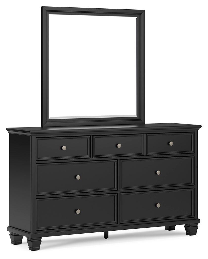 Lanolee California King Panel Bed with Mirrored Dresser and Chest in Black - PKG015233