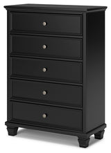 Lanolee California King Panel Bed with Mirrored Dresser and Chest in Black - PKG015233