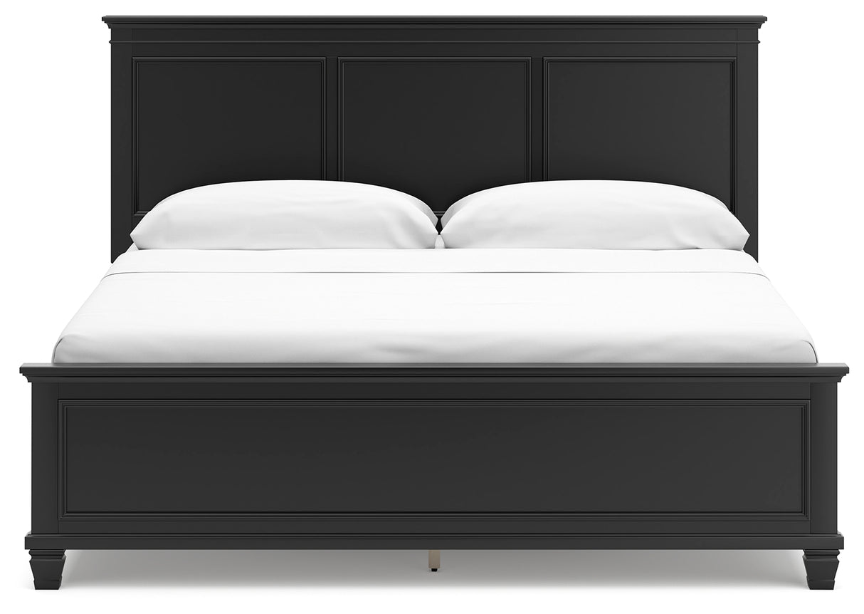 Lanolee California King Panel Bed with Mirrored Dresser and Chest in Black - PKG015233