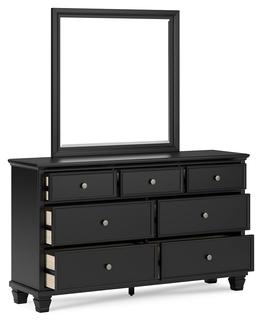 Lanolee California King Panel Bed with Mirrored Dresser and Chest in Black - PKG015233