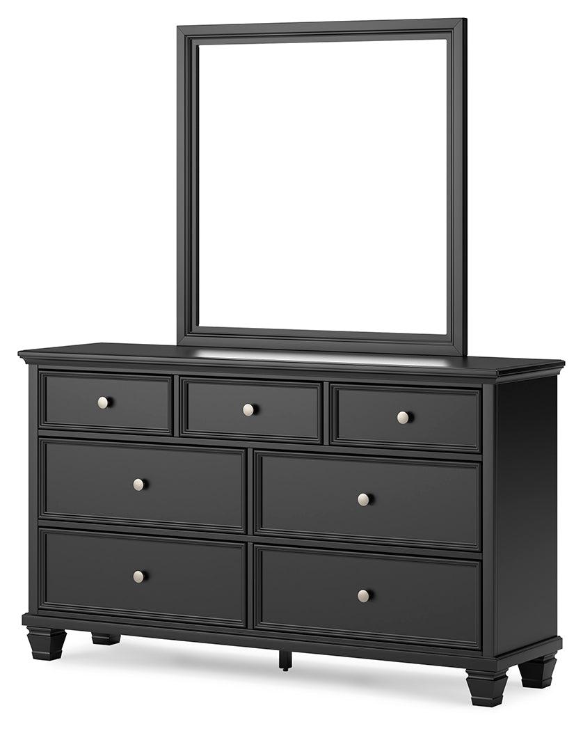 Lanolee California King Panel Bed with Mirrored Dresser and Chest in Black - PKG015233