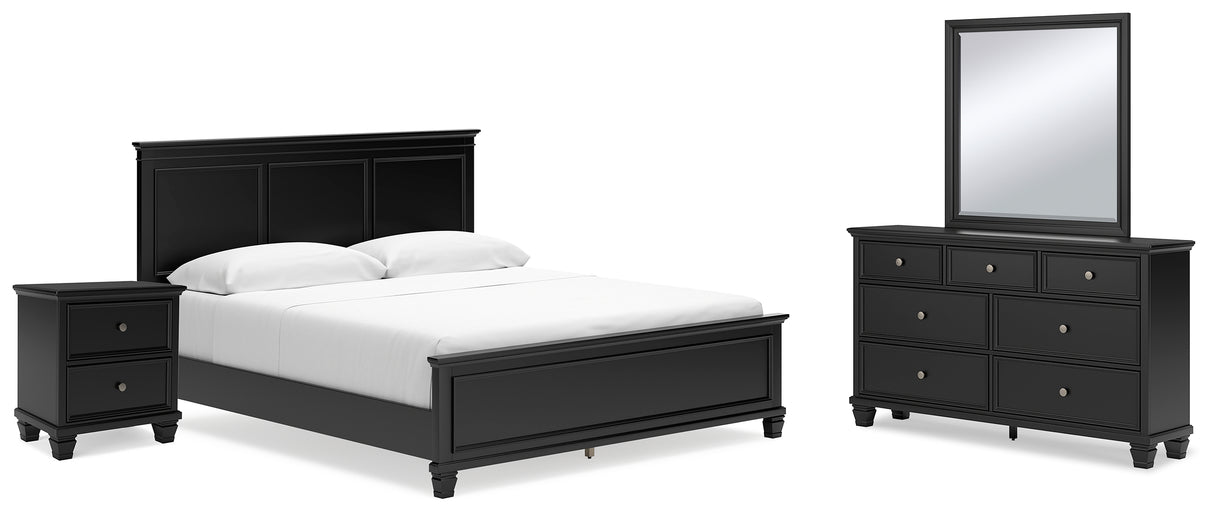 Lanolee California King Panel Bed with Mirrored Dresser and Nightstand in Black - PKG015232