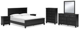 Lanolee California King Panel Bed with Mirrored Dresser, Chest and 2 Nightstands in Black - PKG015231