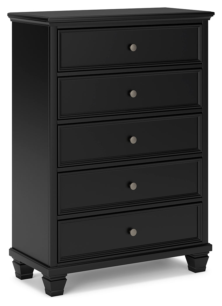 Lanolee California King Panel Bed with Mirrored Dresser, Chest and 2 Nightstands in Black - PKG015231