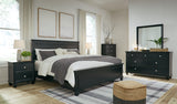 Lanolee California King Panel Bed with Mirrored Dresser, Chest and 2 Nightstands in Black - PKG015231