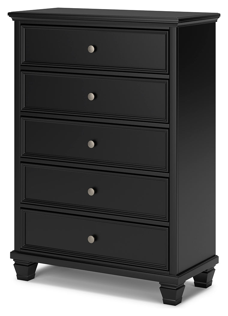 Lanolee California King Panel Bed with Mirrored Dresser, Chest and 2 Nightstands in Black - PKG015231