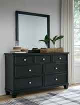 Lanolee California King Panel Bed with Mirrored Dresser, Chest and 2 Nightstands in Black - PKG015231