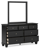 Lanolee California King Panel Bed with Mirrored Dresser, Chest and 2 Nightstands in Black - PKG015231