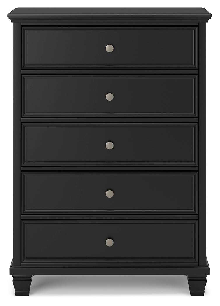 Lanolee California King Panel Bed with Mirrored Dresser, Chest and Nightstand in Black - PKG015234