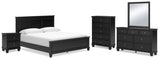 Lanolee California King Panel Bed with Mirrored Dresser, Chest and Nightstand in Black - PKG015234