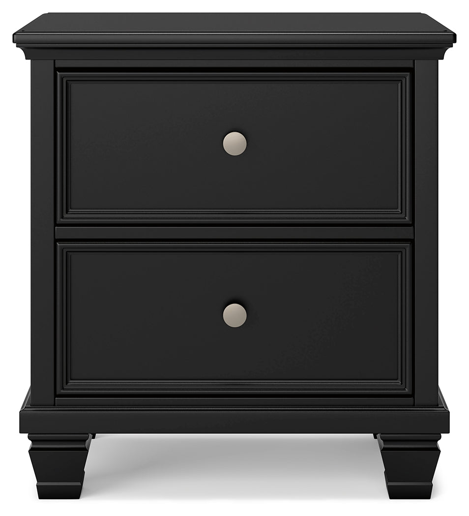 Lanolee California King Panel Bed with Mirrored Dresser, Chest and Nightstand in Black - PKG015234