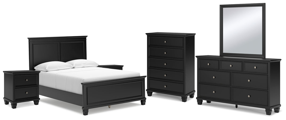 Lanolee Full Panel Bed with Mirrored Dresser, Chest and 2 Nightstands in Black - PKG015213