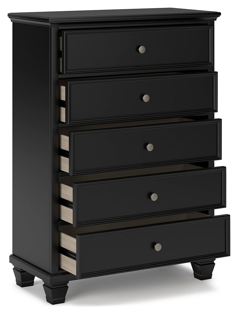 Lanolee Full Panel Bed with Mirrored Dresser, Chest and 2 Nightstands in Black - PKG015213