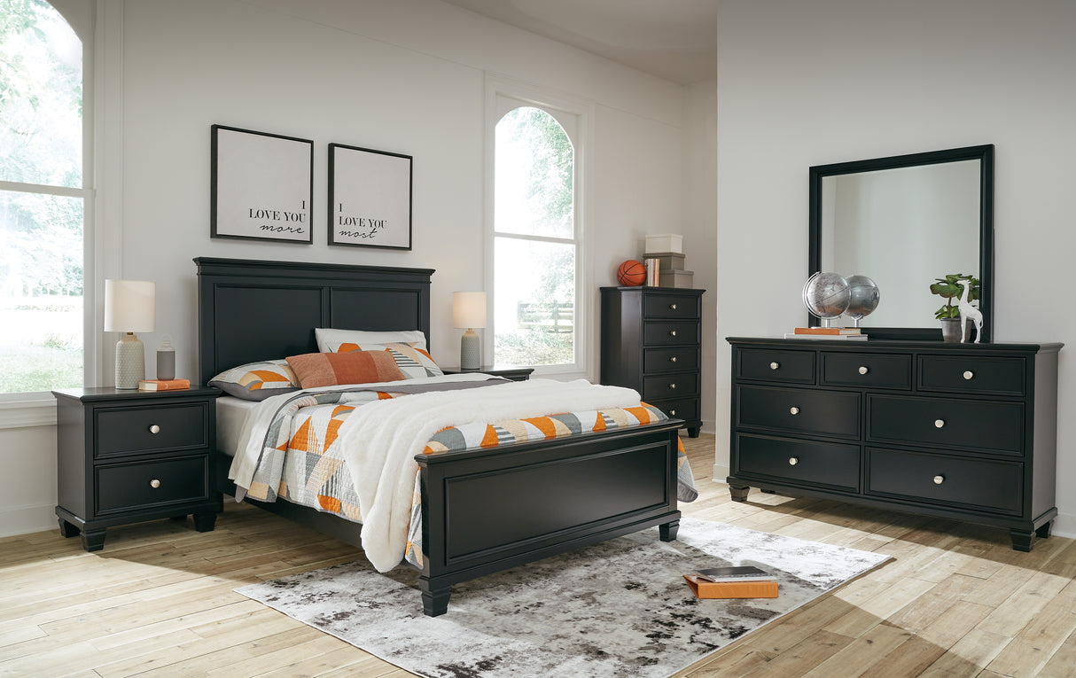 Lanolee Full Panel Bed with Mirrored Dresser, Chest and 2 Nightstands in Black - PKG015213