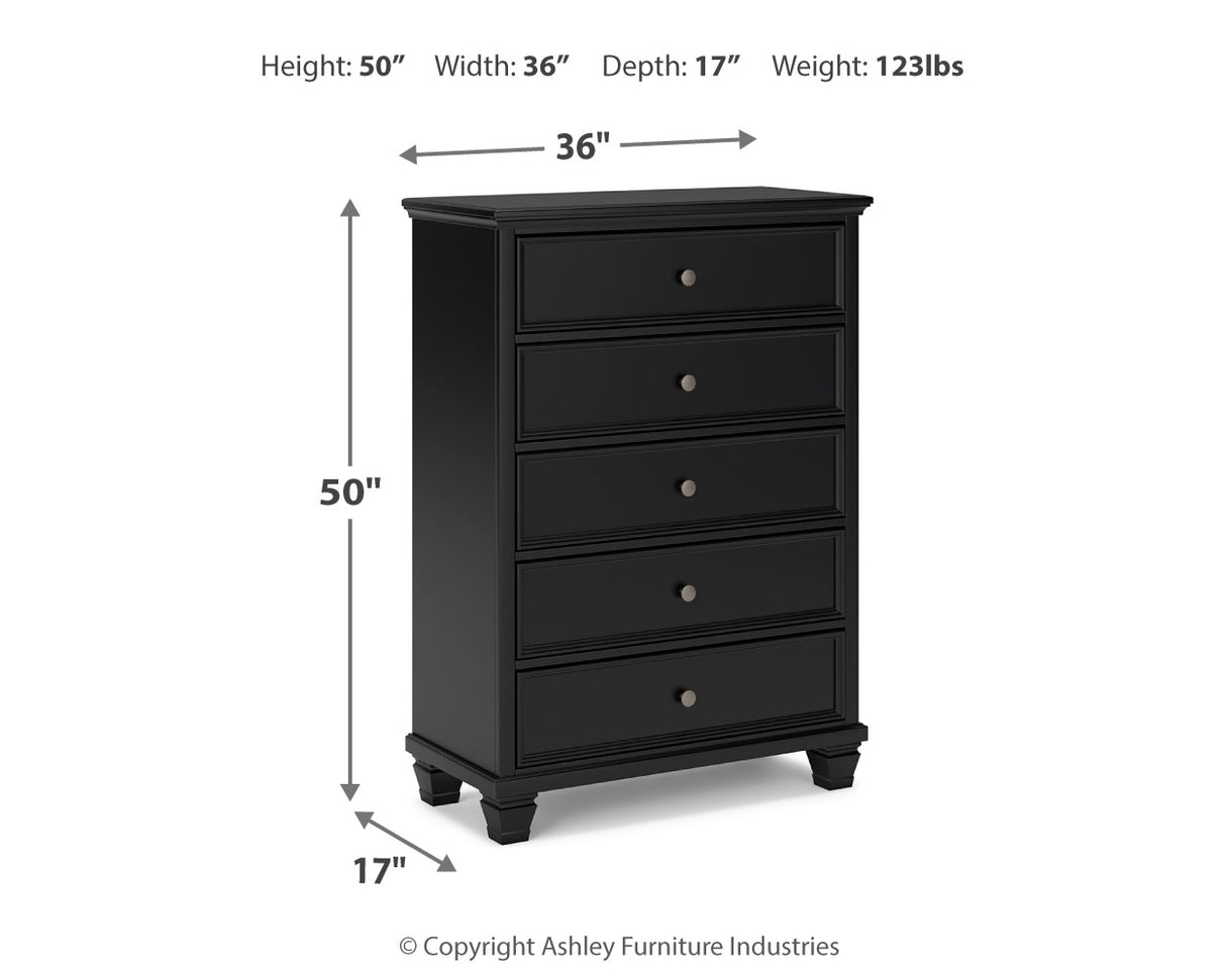 Lanolee Full Panel Bed with Mirrored Dresser, Chest and 2 Nightstands in Black - PKG015213