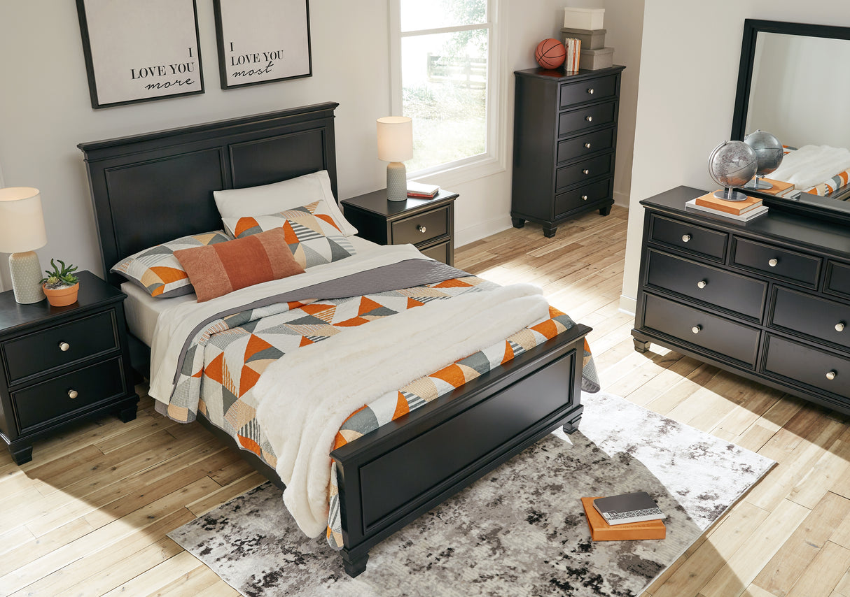 Lanolee Full Panel Bed with Mirrored Dresser, Chest and 2 Nightstands in Black - PKG015213