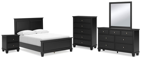 Lanolee Full Panel Bed with Mirrored Dresser, Chest and Nightstand in Black - PKG015216