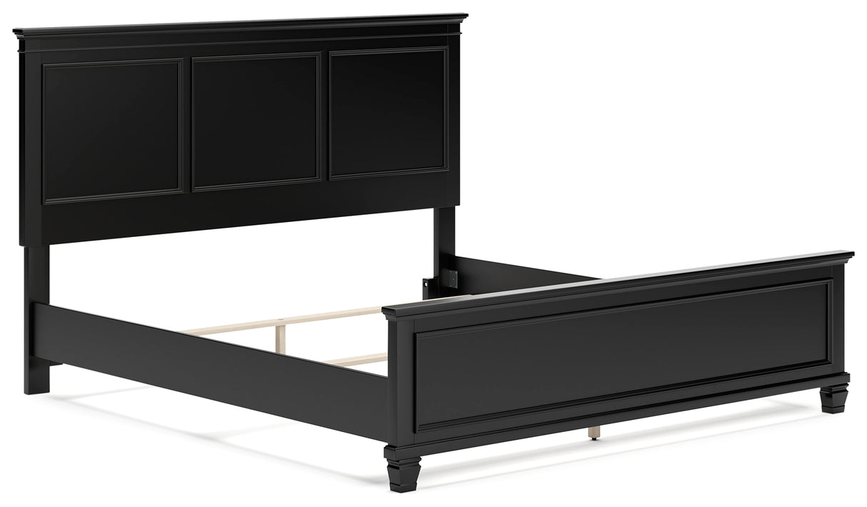 Lanolee King Panel Bed with Mirrored Dresser and Chest in Black - PKG015227