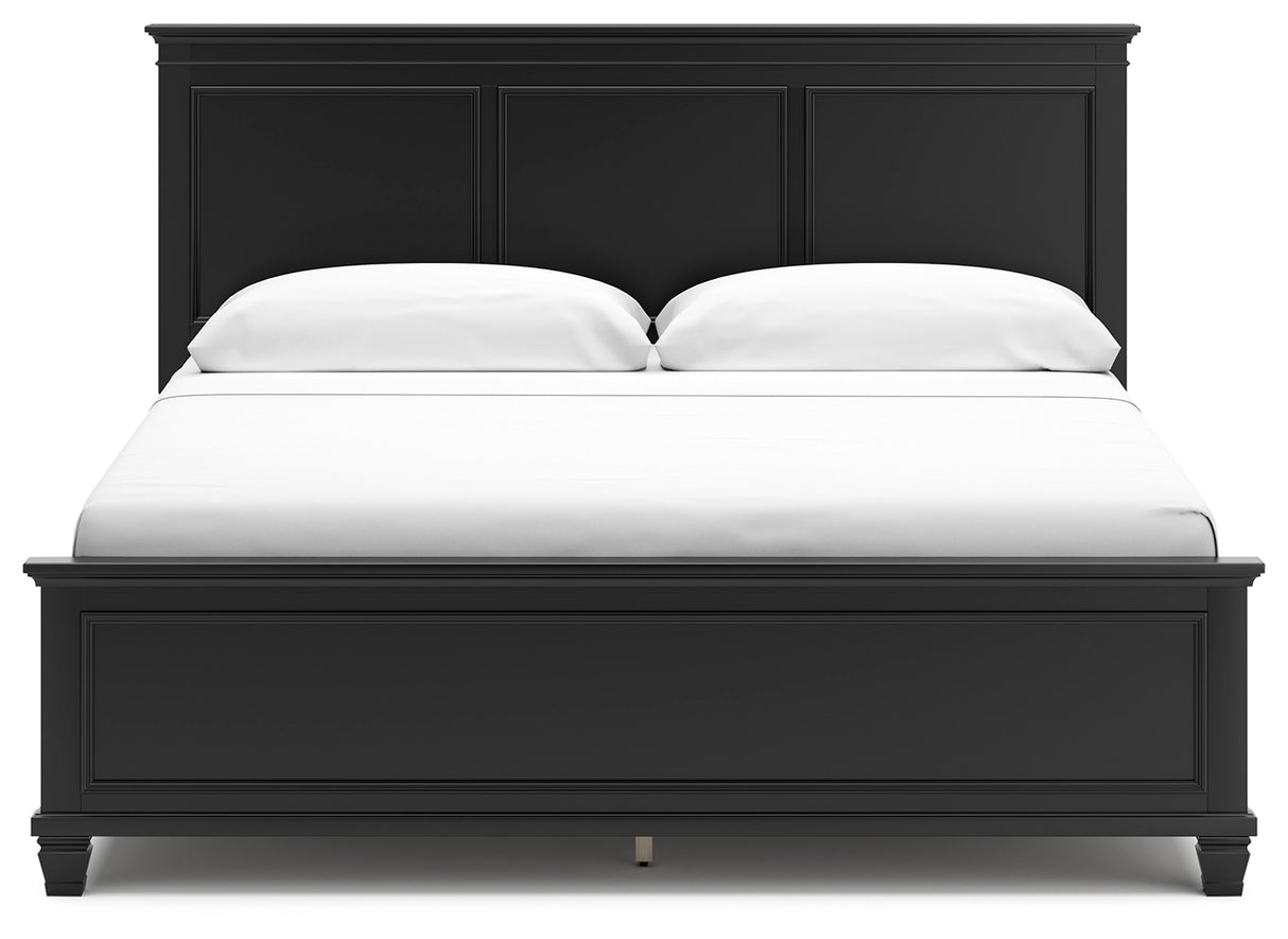 Lanolee King Panel Bed with Mirrored Dresser and Chest in Black - PKG015227