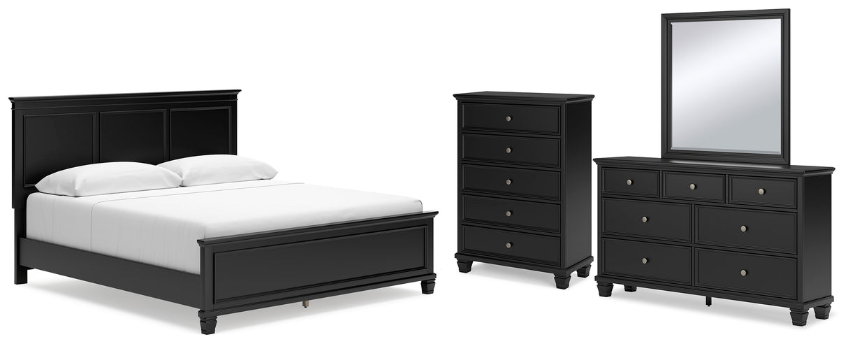 Lanolee King Panel Bed with Mirrored Dresser and Chest in Black - PKG015227