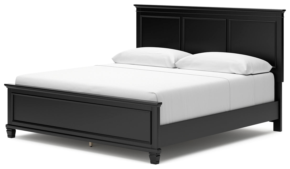 Lanolee King Panel Bed with Mirrored Dresser and Chest in Black - PKG015227